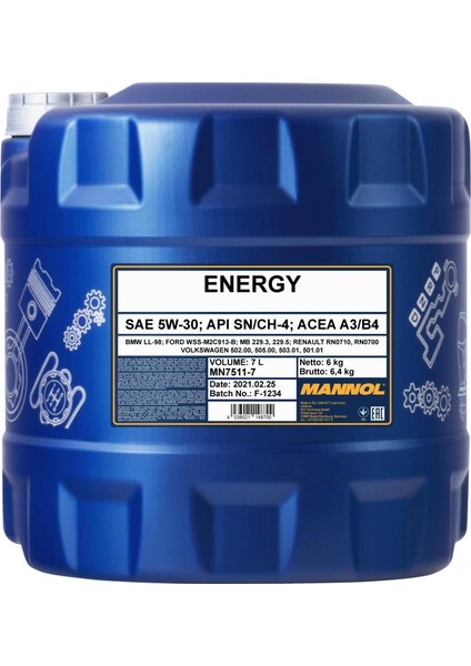 Energy Sae 5W-30 Api Sl Acea A3/B3 7 Litre Motor Yağı (Üretim Yılı:2022)