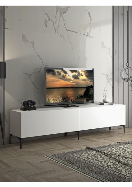 Wood'n Love Vega Premium 200 cm Geniş Dolaplı Metal Ayaklı Tv Ünitesi - Beyaz / Siyah