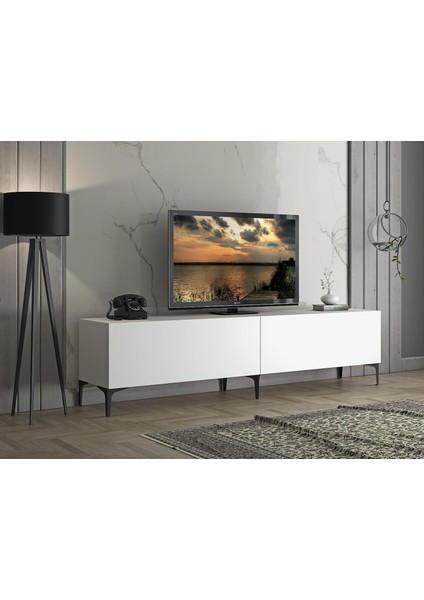 Wood'n Love Vega Premium 200 cm Geniş Dolaplı Metal Ayaklı Tv Ünitesi - Beyaz / Siyah