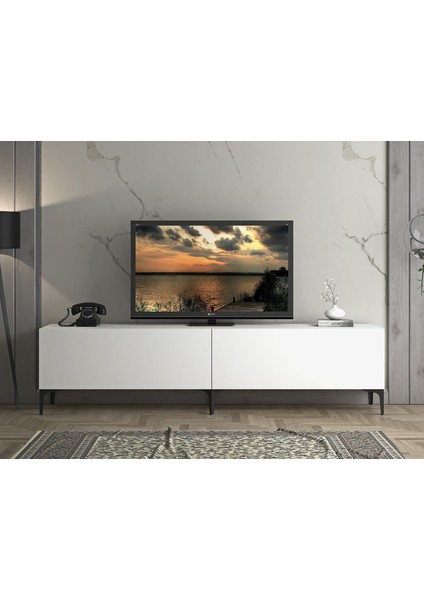 Wood'n Love Vega Premium 200 cm Geniş Dolaplı Metal Ayaklı Tv Ünitesi - Beyaz / Siyah