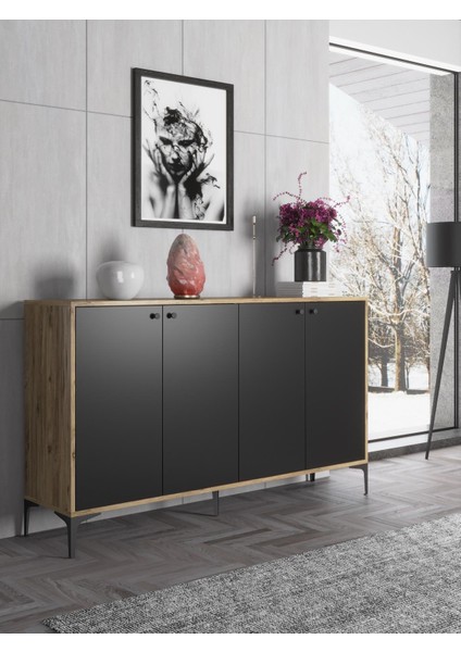 Hestia 4 Kapaklı Metal Ayaklı 160 cm Çok Amaçlı Dolap Konsol - Atlantik Çam - Siyah / Siyah