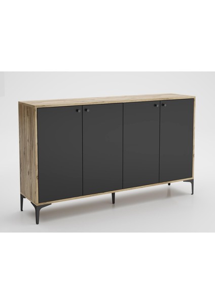 Hestia 4 Kapaklı Metal Ayaklı 160 cm Çok Amaçlı Dolap Konsol - Atlantik Çam - Siyah / Siyah