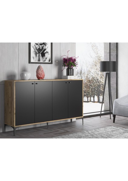 Hestia 4 Kapaklı Metal Ayaklı 160 cm Çok Amaçlı Dolap Konsol - Atlantik Çam - Siyah / Siyah