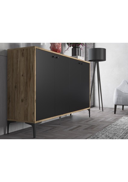 Hestia 4 Kapaklı Metal Ayaklı 160 cm Çok Amaçlı Dolap Konsol - Atlantik Çam - Siyah / Siyah