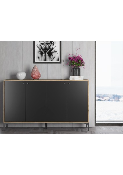 Hestia 4 Kapaklı Metal Ayaklı 160 cm Çok Amaçlı Dolap Konsol - Atlantik Çam - Siyah / Siyah