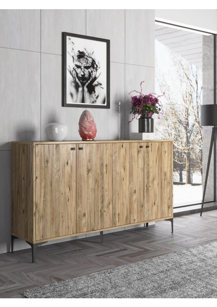 Hestia 4 Kapaklı Metal Ayaklı 160 cm Çok Amaçlı Dolap Konsol - Atlantik Çam / Siyah