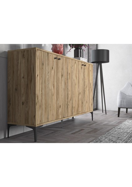 Hestia 4 Kapaklı Metal Ayaklı 160 cm Çok Amaçlı Dolap Konsol - Atlantik Çam / Siyah fırsatları