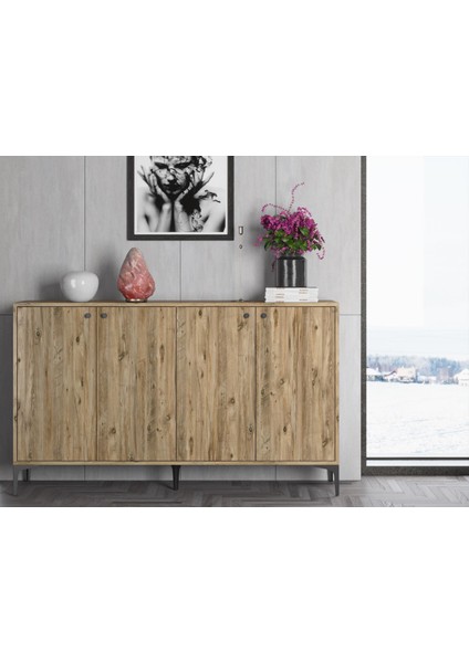 Hestia 4 Kapaklı Metal Ayaklı 160 cm Çok Amaçlı Dolap Konsol - Atlantik Çam / Siyah indirimleri
