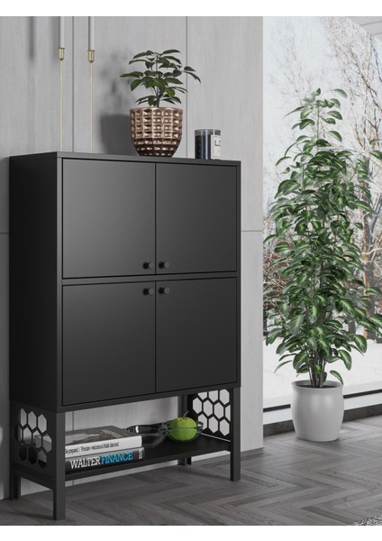 Lina Premium Desenli Metal Ayaklı Dolaplı Vitrin - Konsol - Siyah / Siyah