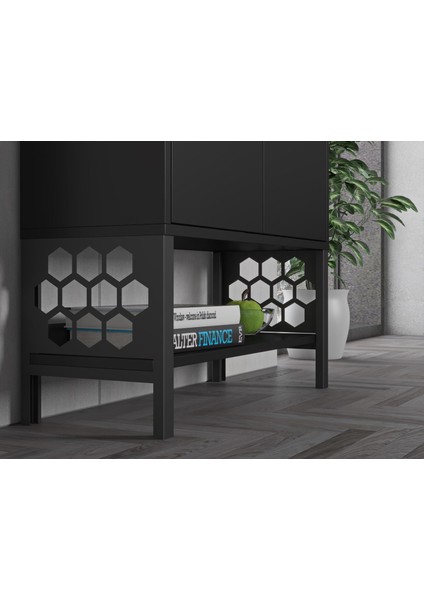 Lina Premium Desenli Metal Ayaklı Dolaplı Vitrin - Konsol - Siyah / Siyah fırsatları
