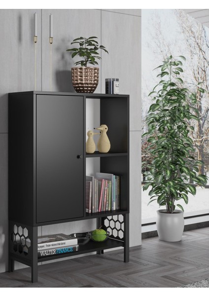 Lara Premium Desenli Metal Ayaklı Dolaplı Vitrin - Konsol - Siyah / Siyah