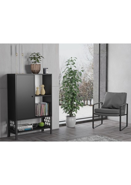 Lara Premium Desenli Metal Ayaklı Dolaplı Vitrin - Konsol - Siyah / Siyah