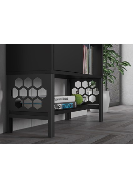 Lara Premium Desenli Metal Ayaklı Dolaplı Vitrin - Konsol - Siyah / Siyah