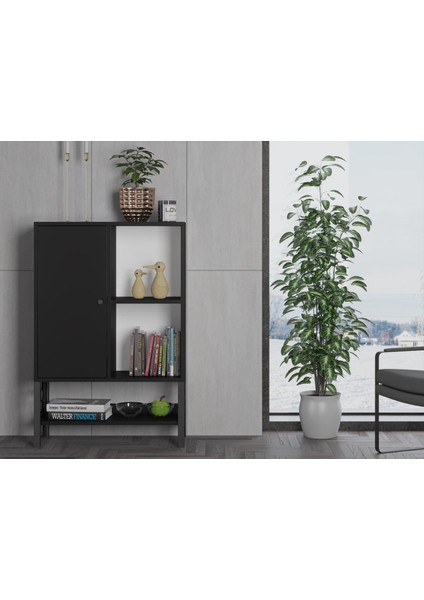 Lara Premium Desenli Metal Ayaklı Dolaplı Vitrin - Konsol - Siyah / Siyah