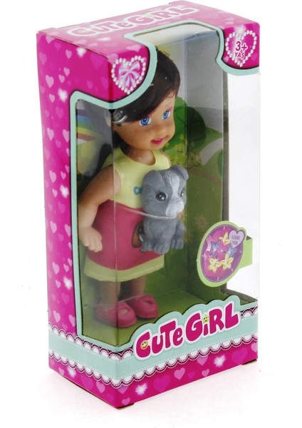 Cute Girl Gri Köpekli ve Kumral Mini Bebek