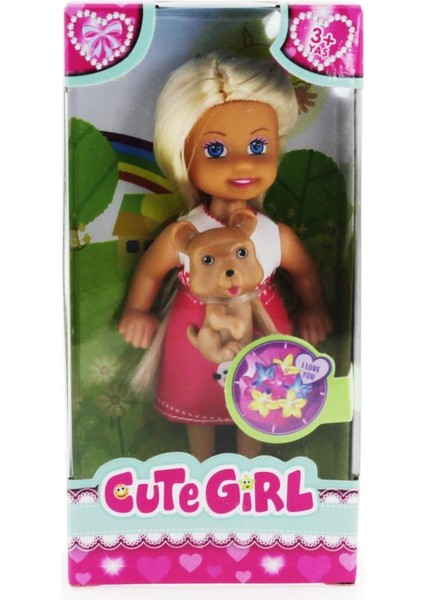 Cute Girl Kahverengi Köpekli ve Sarışın Mini Bebek