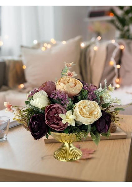 Yapay Çiçek Aranjmanı Desenli Metal Gold Vazolu Kahve Somon Pudra Tonlu Gülller Masa Üstü Çiçeği Arajman 39375 fiyatları