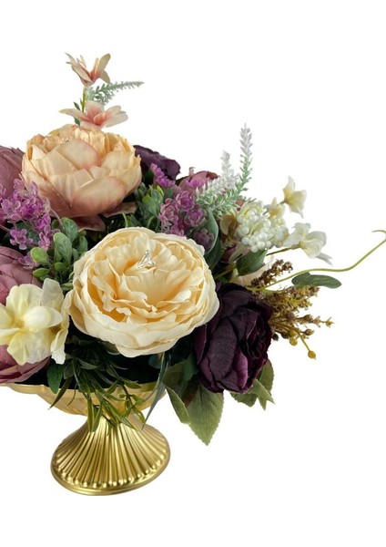 Yapay Çiçek Aranjmanı Desenli Metal Gold Vazolu Kahve Somon Pudra Tonlu Gülller Masa Üstü Çiçeği Arajman 39375 modelleri