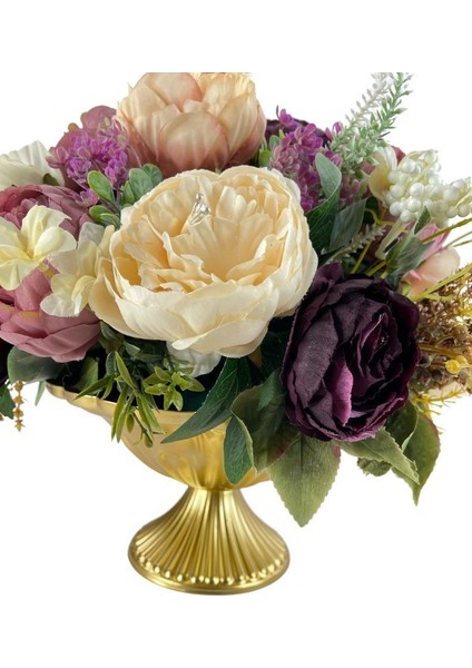 Yapay Çiçek Aranjmanı Desenli Metal Gold Vazolu Kahve Somon Pudra Tonlu Gülller Masa Üstü Çiçeği Arajman 39375 fırsatları