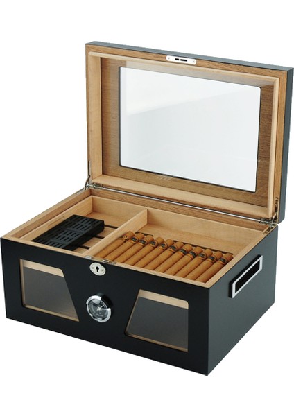 Siyah 2 Katlı Camlı Humidor Puro Kutusu RC21