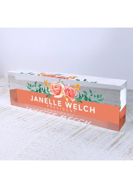 Ofis Masası Kişiselleştirilmiş Hediye Özel Isim Plakaları Turuncu Gül Tasarımı