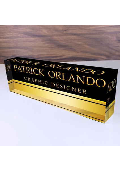 Siyah Altın Şerit Tasarımlı Kişiselleştirilmiş Ofis Masası Isimliği Ofis Dekoru