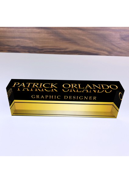 Siyah Altın Şerit Tasarımlı Kişiselleştirilmiş Ofis Masası Isimliği Ofis Dekoru fiyatları