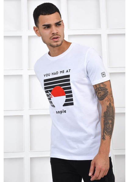 Bisiklet Yaka You Had Me At Logo T-Shirt - Beyaz