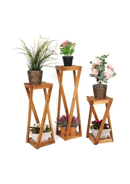 Natural Wood Work Ahşap 3lü Takım Saksı Standı Çiçeklik 3 Boy Balkon Saksılık Salon Çiçeklik NWW0010