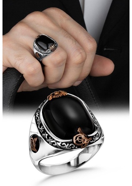 Siyah Oniks Taşlı Yanları Osmanlı Tuğrası ve Armalı Gümüş Erkek Yüzük