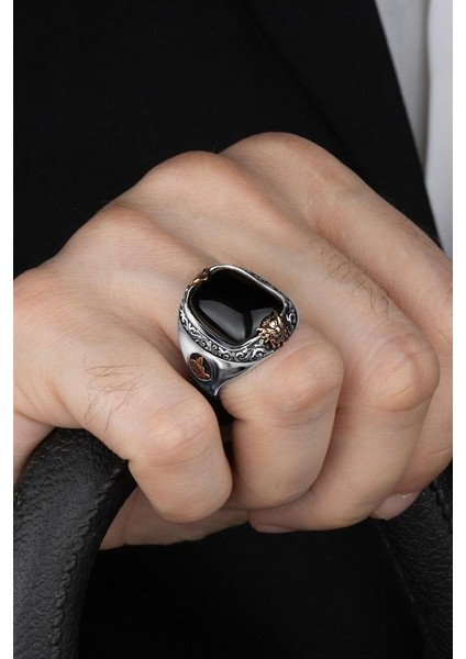 Siyah Oniks Taşlı Yanları Osmanlı Tuğrası ve Armalı Gümüş Erkek Yüzük fiyatları