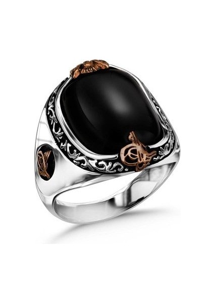 Siyah Oniks Taşlı Yanları Osmanlı Tuğrası ve Armalı Gümüş Erkek Yüzük modelleri