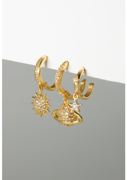 Gold Zirkon Taşlı Küpe Seti