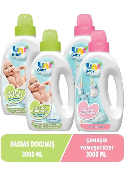 Uni Baby Çamaşır Deterjanı Sensitive 1500ML+YUMUŞATICI 1500ML Hassas/hipoalerjenik Karma -4 Lü Set