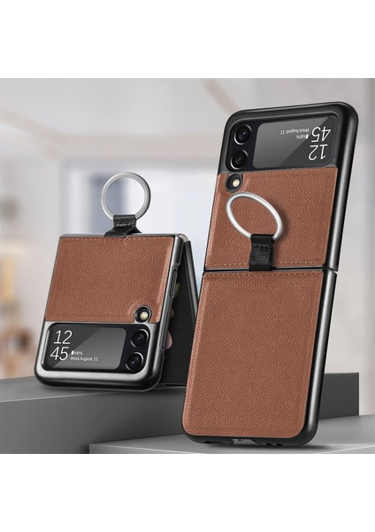 Samsung Galaxy Z Flip3 5g Için Litchi Desen Katlanır Kılıf Kahverengi modelleri