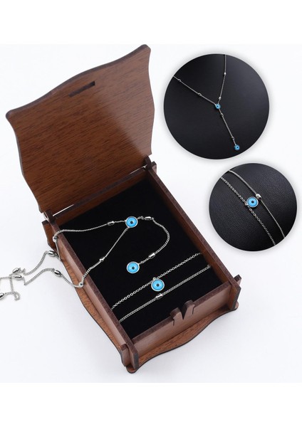 Ahşap Kutulu Nazar Boncuklu Gümüş Renk Kolye & Bileklik Hediye Seti