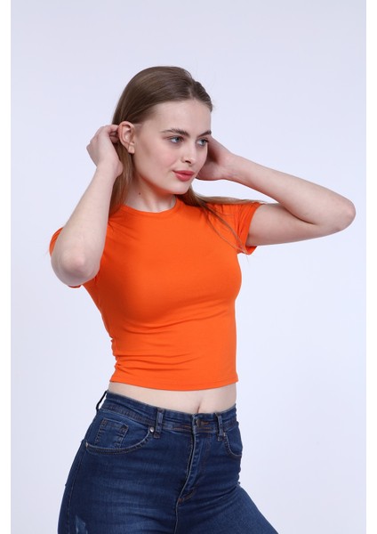 Kadın Turuncu Bisiklet Yaka Basic Crop T-Shirt fiyatları