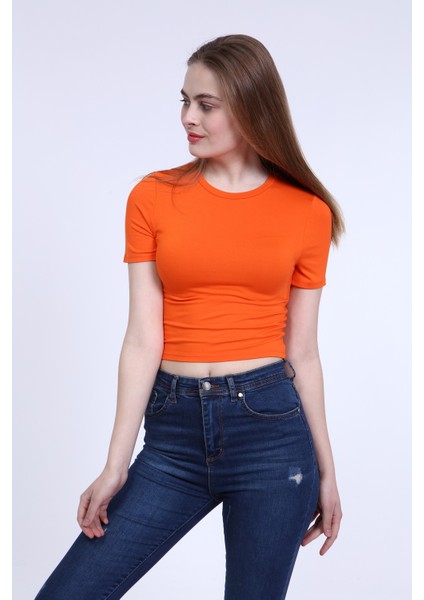 Kadın Turuncu Bisiklet Yaka Basic Crop T-Shirt
