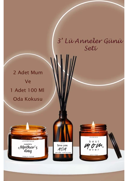 Lyn Home & Decor 3 Lü Anneler Günü Koku Mum Seti Amber