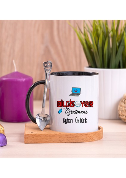 Kişiye Özel Bilgisayar Öğretmeni Ahşap Altlıklı Kaşıklı Siyah Kupa Bardak