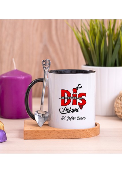 Kişiye Özel Diş Hekimi Ahşap Altlıklı Kaşıklı Siyah Kupa Bardak
