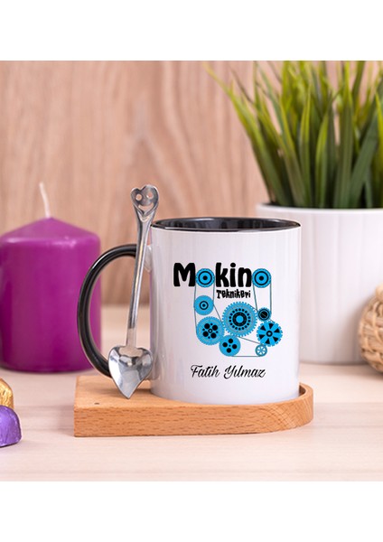 Kişiye Özel Makine Teknikeri Ahşap Altlıklı Kaşıklı Siyah Kupa Bardak