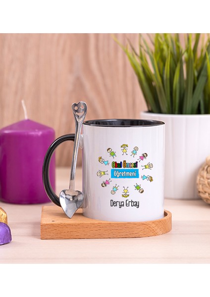 Kişiye Özel Okul Öncesi Öğretmeni Ahşap Altlıklı Kaşıklı Siyah Kupa Bardak