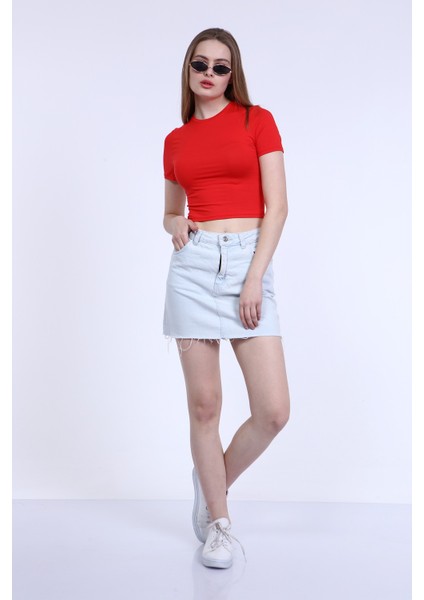 Kadın Kırmızı Bisiklet Yaka Basic Crop T-Shirt