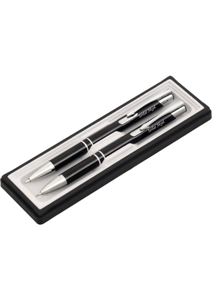 Kişiye Özel 2'li Siyah Metal Tükenmez ve Versatil Kalem Seti 13,5x1 cm