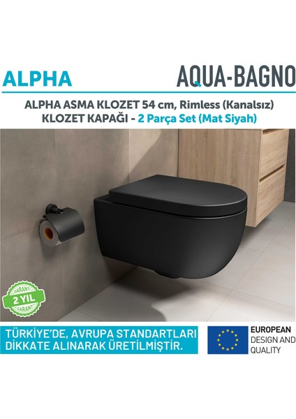 Aqua Bagno Alpha Asma Klozet + Yavaş  Kapanan Kapak -Mat Siyah