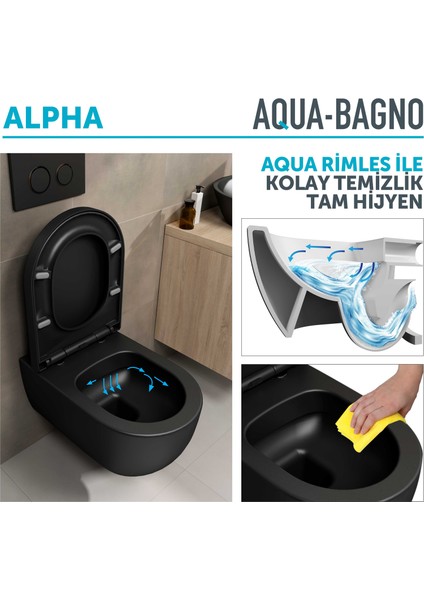 Aqua Bagno Alpha Asma Klozet + Yavaş  Kapanan Kapak -Mat Siyah