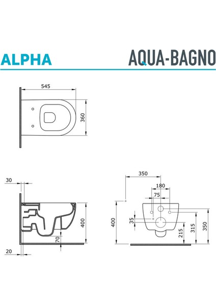 Aqua Bagno Alpha Asma Klozet + Yavaş  Kapanan Kapak -Mat Siyah