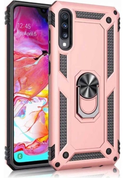 Samsung Galaxy A50 Kapak Military Yüzüklü Stantlı Panzer Tank Kılıf - Rose Gold