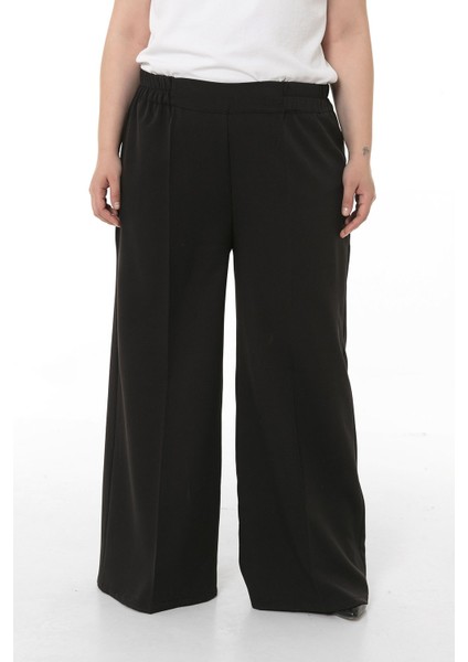 Büyük Beden Beli Yanlardan ve Arkadan Lastikli Bol Paça Double Siyah Pantolon